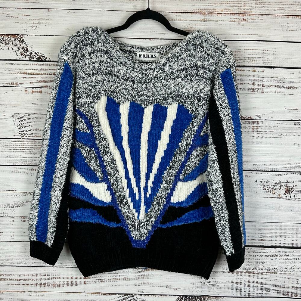 VTG WORDS Blue Black Metallic Bold Abstract Print Wool Blend Sweater Womens M